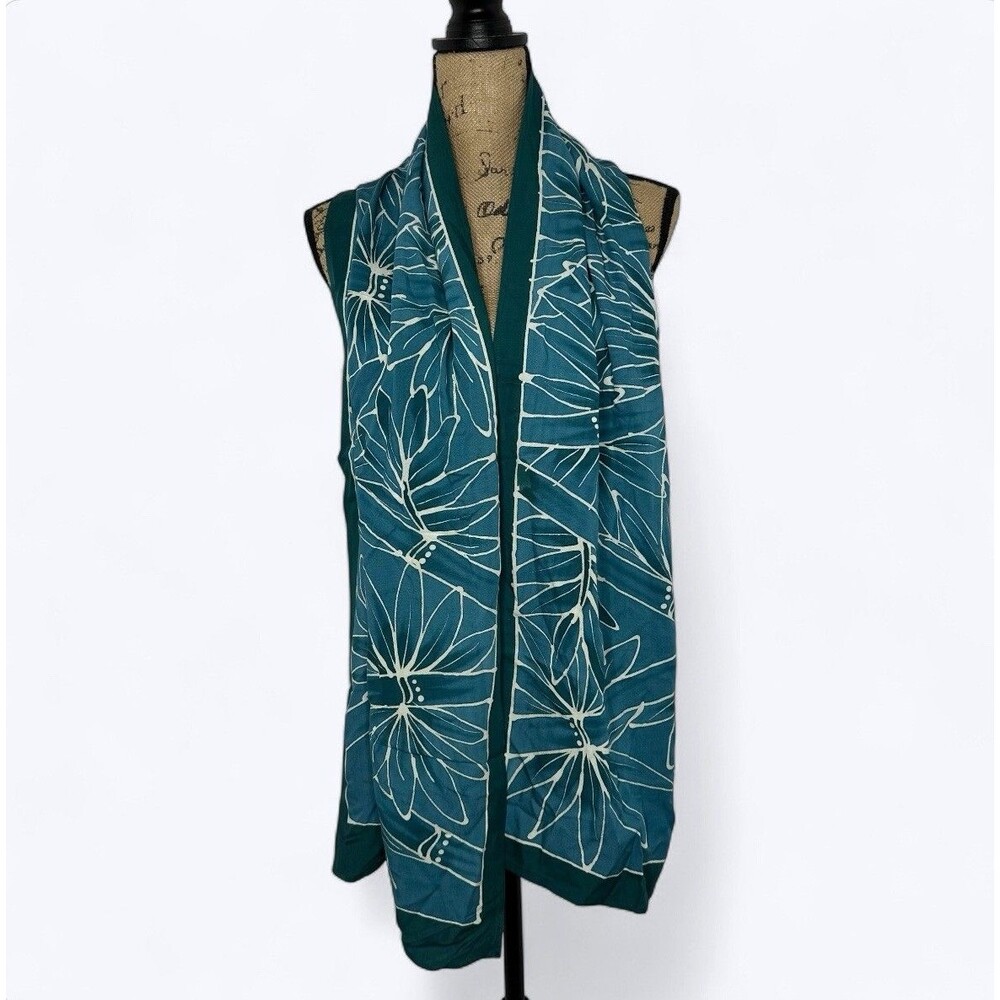 Feedora Hawaii Rectangle Scarf Teal Batik Bamboo Tropical Leaf Print 14"x70" Vtg
